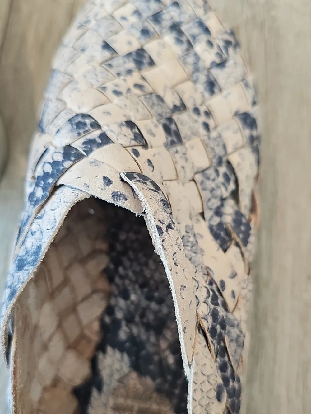 Leather Woven Hurarache Slip-On in Beige and Navy Snake Print!